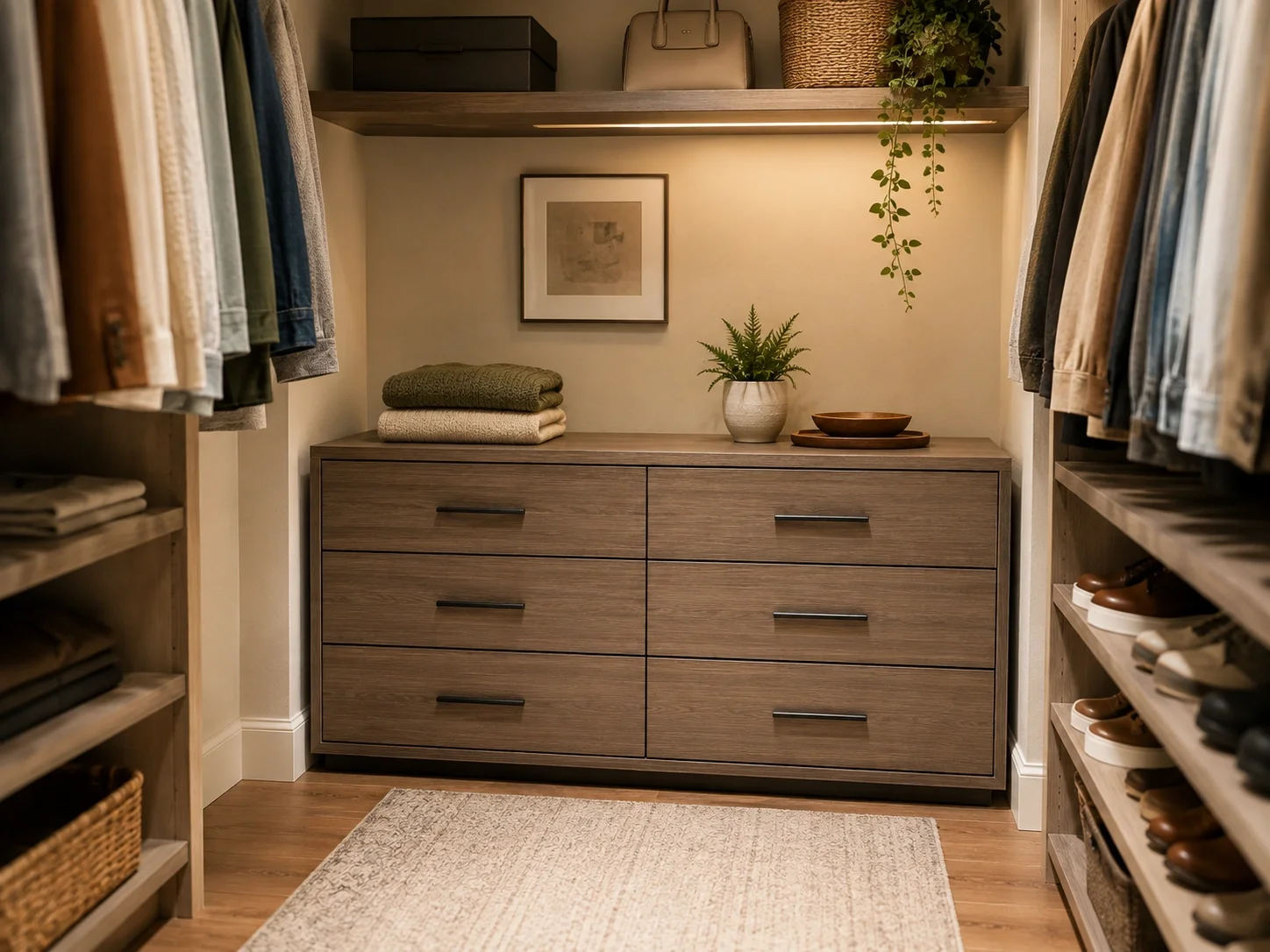 Low profile dresser tucked inside a walk-in closet
