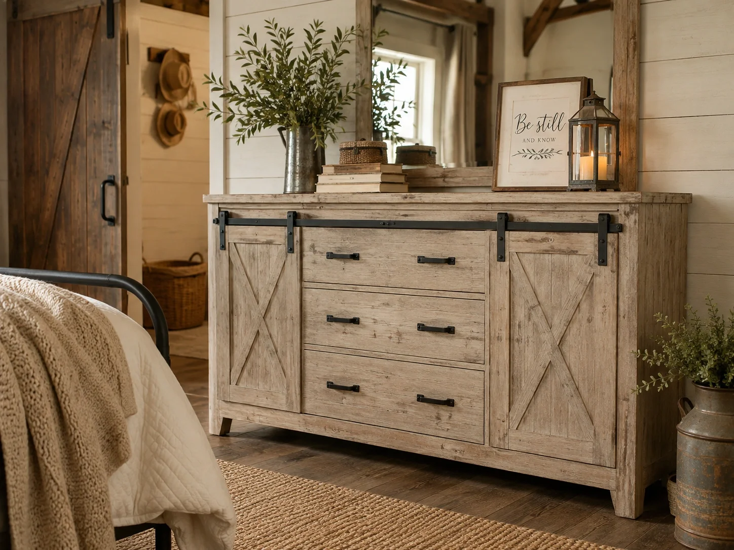 Farmhouse dresser with distressed finish and barn door accents