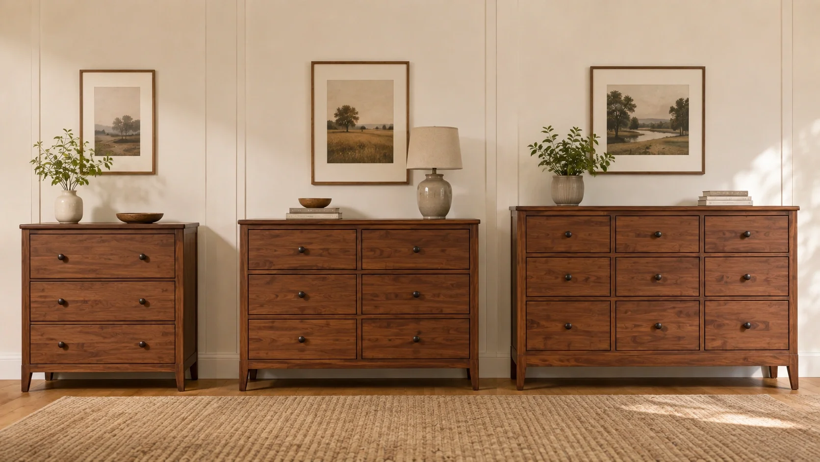Different dresser drawer configurations - 3 drawer, 6 drawer, and 9 drawer options