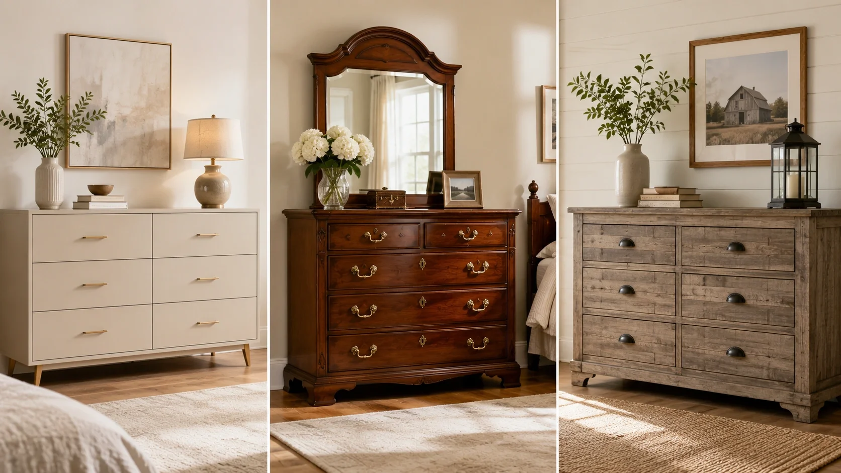 Overview of different dresser types for beginners - modern, traditional, and rustic styles side by side