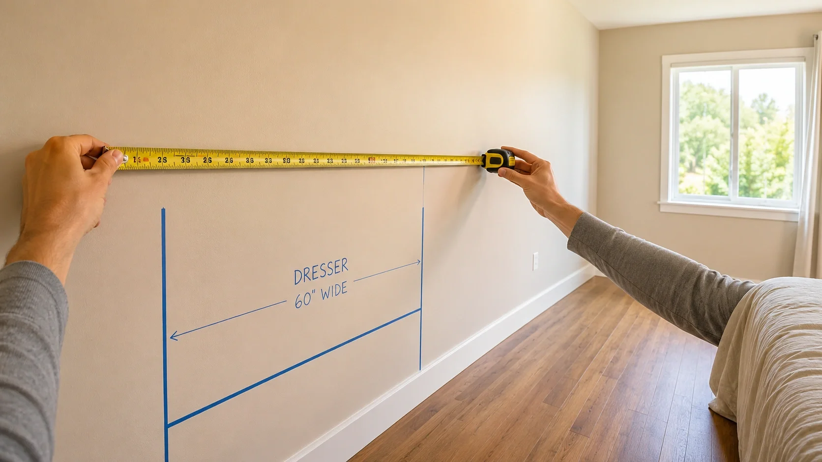 Person measuring bedroom wall space for dresser placement