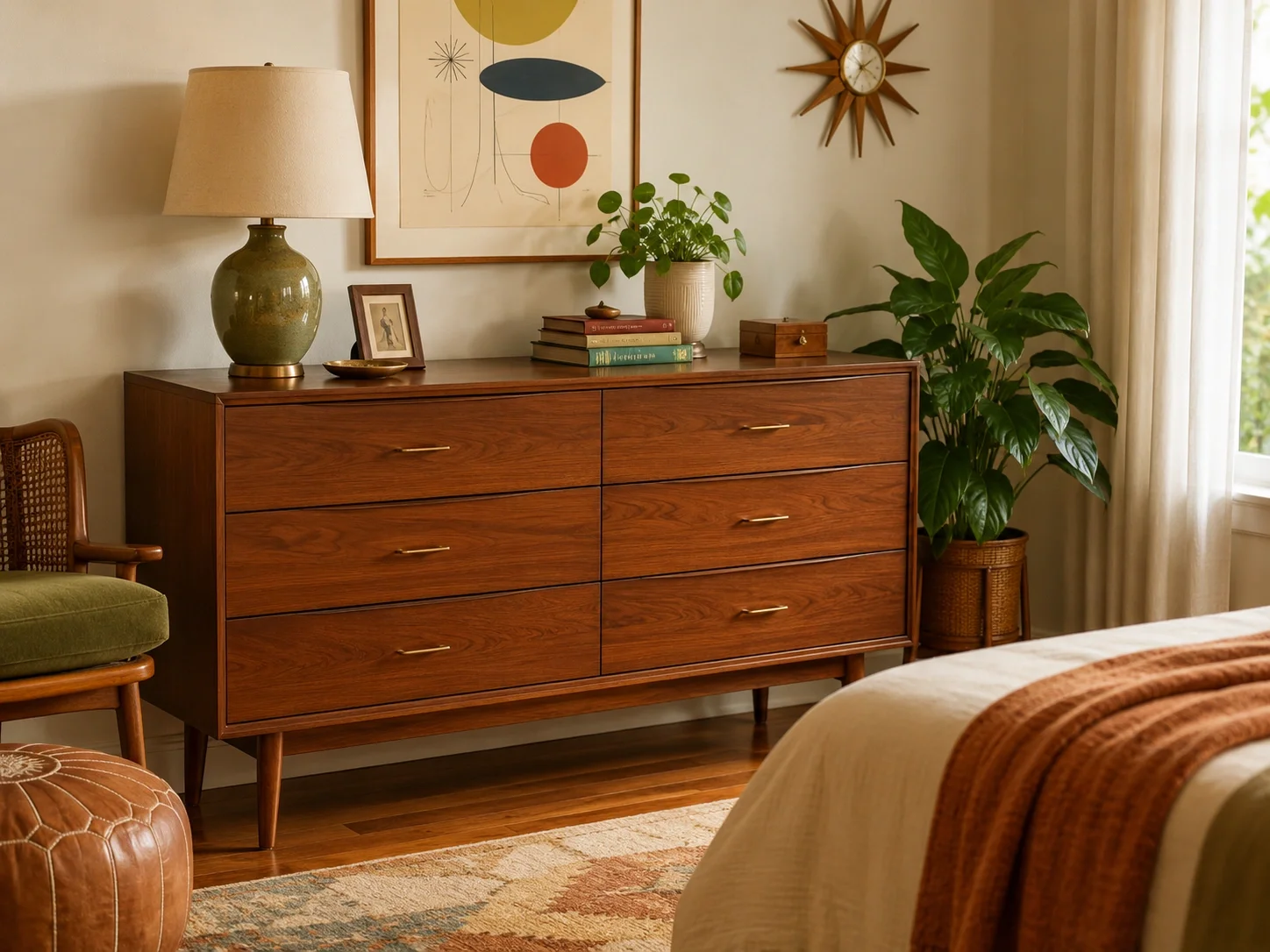 Mid-century dresser with tapered legs and wood grain