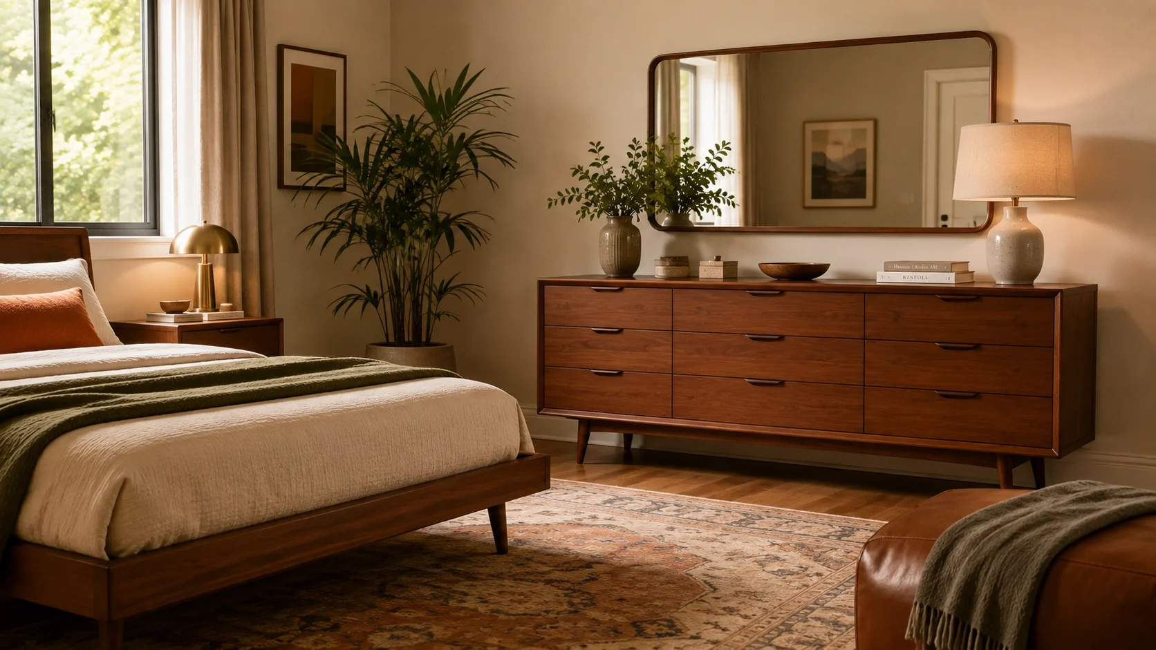 A long low mid century dresser placed in a spacious bedroom with plants and a mirror