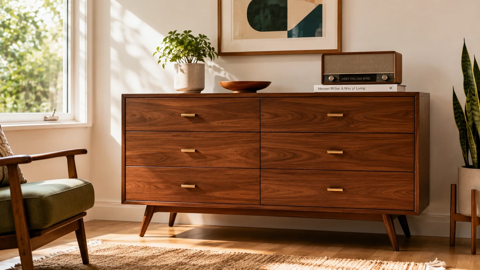 Iconic mid century dresser with tapered legs and brass handles in a sunlit room
