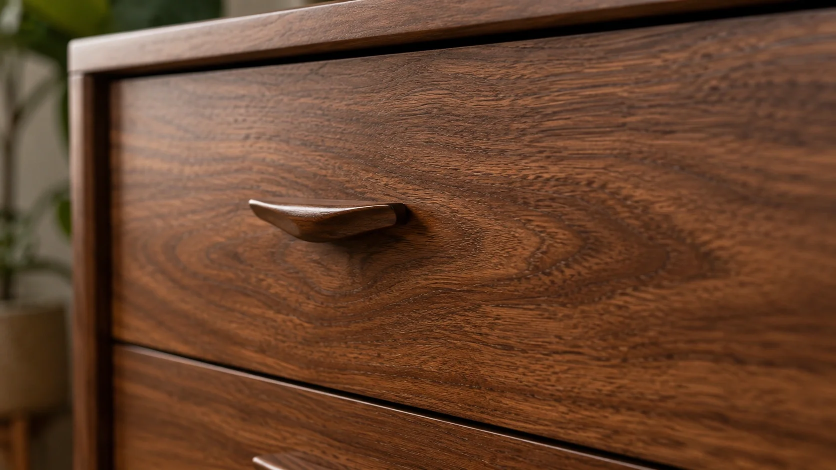 Close up of beautiful walnut veneer grain on a mid century dresser drawer