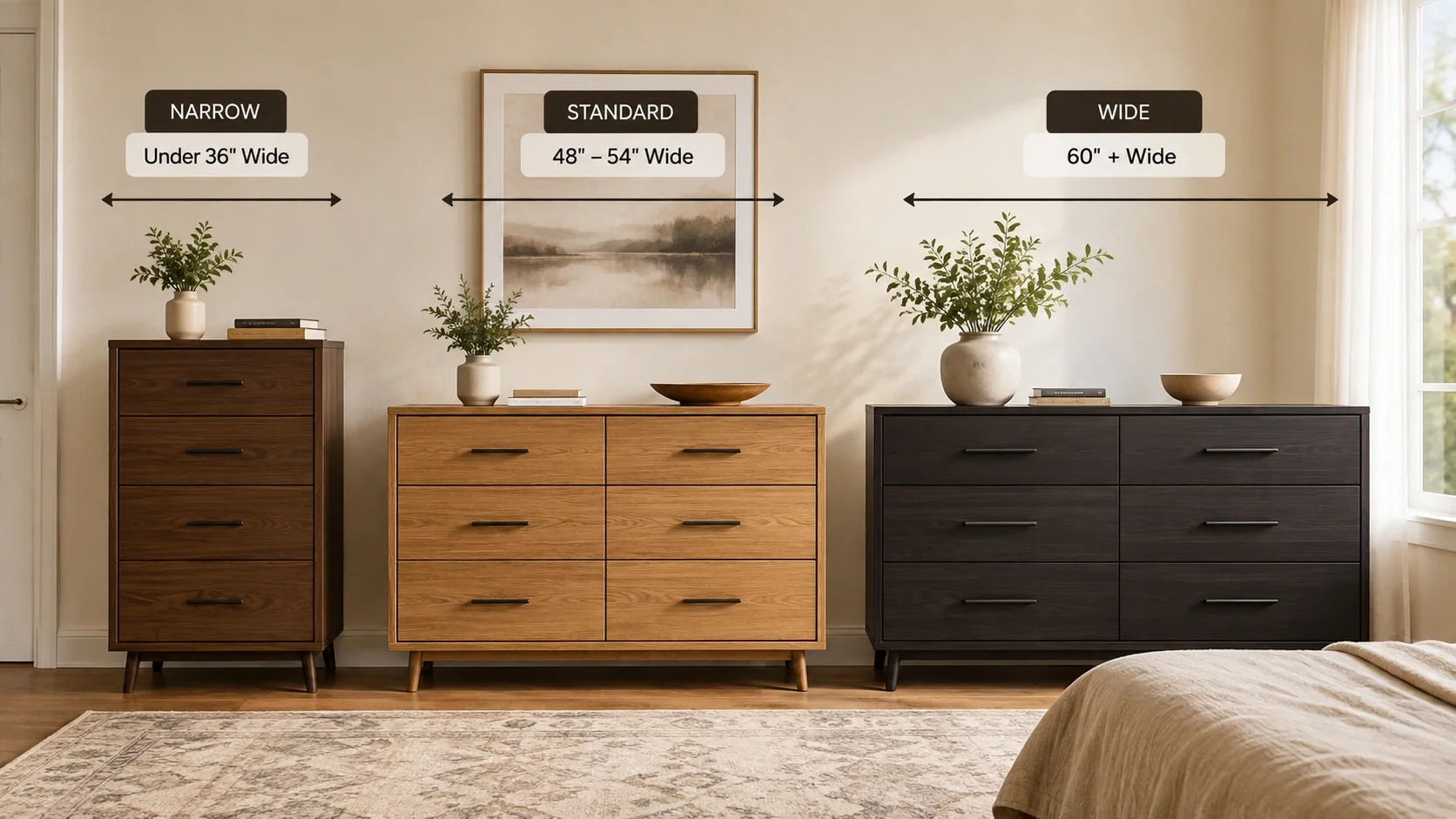 Modern dressers in different widths: narrow, standard, wide