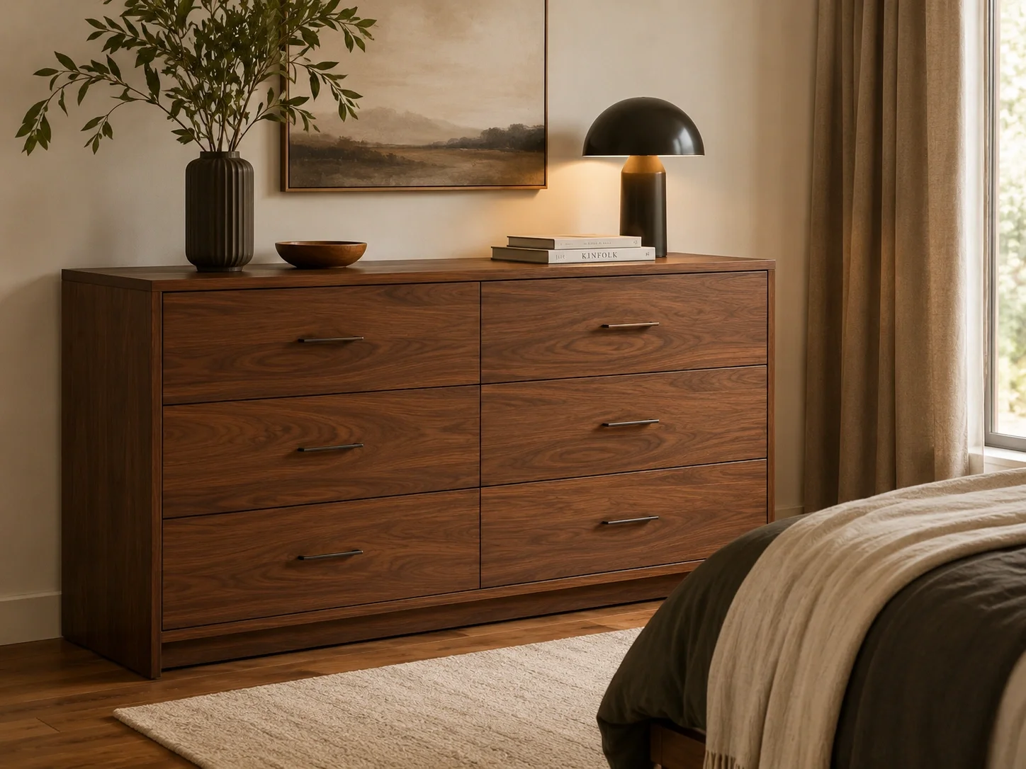 Walnut veneer modern dresser with six drawers