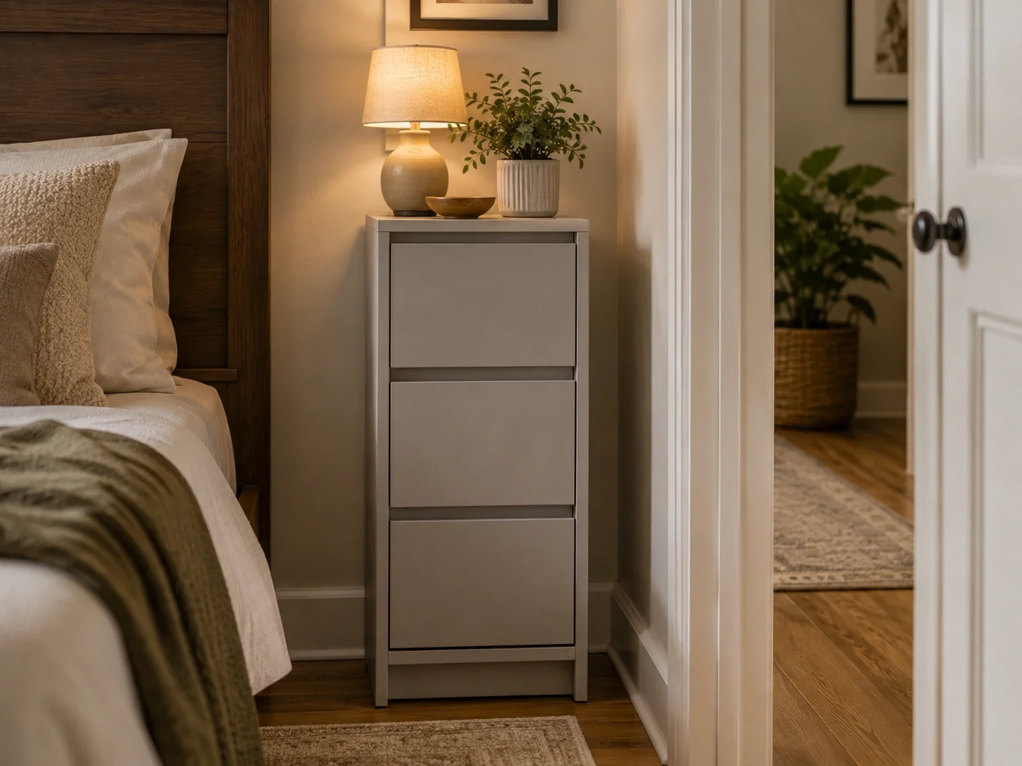 Narrow dresser placed between two closets