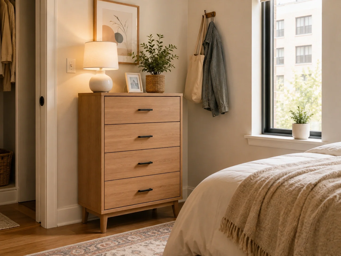 Small dresser fitting in a compact apartment bedroom