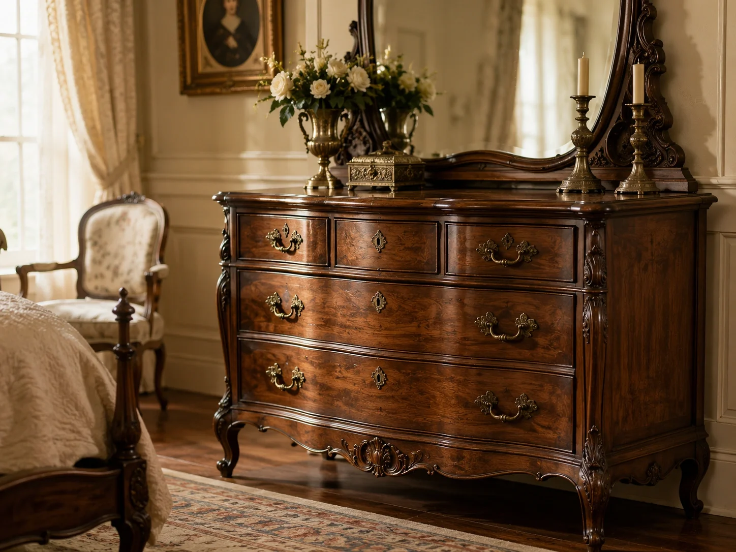 Vintage dresser with ornate details and antique finish