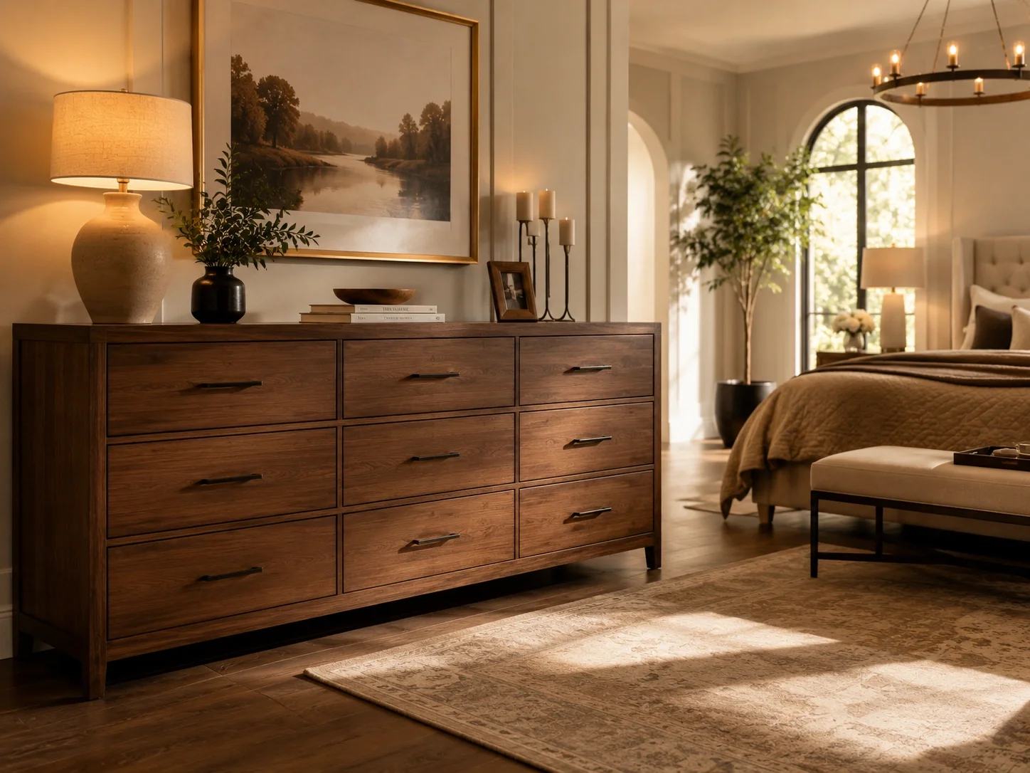 Wide dresser with mirror in a spacious master bedroom